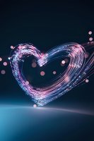 Glowing heart shape formed by luminous pink and blue light trails against dark background with bokeh effects, creating romantic atmosphere.