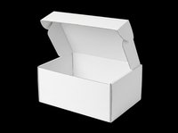 Open white cardboard box with lid isolated on transparent background, ready for packaging design, product mockups, e-commerce graphics, and print-on-demand applications.