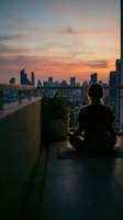 Woman meditating on rooftop terrace overlooking urban skyline at sunset, silhouetted against colorful sky and city lights for wellness and lifestyle concepts.