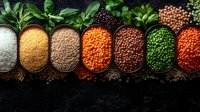 Colorful variety of raw legumes, pulses, grains and spices in metal bowls on dark background with fresh herbs. Food ingredients for healthy cooking.