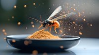 Wasp collecting pollen from orange spice powder in black ceramic bowl against dark background with magical bokeh light effect and flying particles.