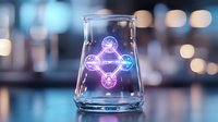 Glowing neon molecular structure in laboratory beaker against blurred bokeh background, scientific concept visualization for chemistry and research.