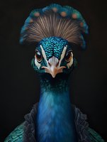 Majestic peacock portrait with vibrant blue and turquoise plumage, ornate crown feathers and intense gaze on dark background for wildlife photography.