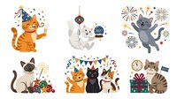 Cartoon cats celebrating with party hats, confetti, fireworks, and festive decorations. Isolated characters on transparent background, ready for design projects, invitations, and greeting cards.