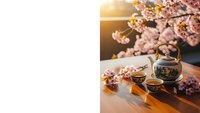 Traditional tea ceremony setup with blooming cherry blossoms and warm sunlight creating peaceful atmosphere for meditation and relaxation rituals.