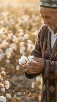 Senior Middle Eastern farmer examining cotton bolls in traditional clothing during golden hour harvest season in agricultural field.