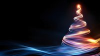 Glowing spiral light trails form abstract Christmas tree shape against dark background, featuring vibrant blue and orange neon colors in flowing motion effect.