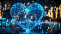 Glowing blue heart shape formed by luminous particles floating above reflective surface with golden bokeh lights in dark background. Romantic magical atmosphere.