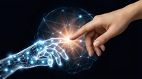 Human hand reaching toward glowing digital AI hand with network connections and bright light burst representing technology interaction and artificial intelligence.