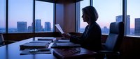 Professional businesswoman working late on laptop in modern office with city skyline view during evening hours for corporate productivity concepts.