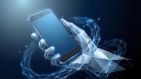 Futuristic robotic hand holding smartphone with glowing digital network connections and light effects on dark blue background for technology concepts.
