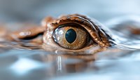 Close-up macro shot of brown reptilian eye partially submerged in water with detailed scale texture and reflection creating artistic nature photography effect.
