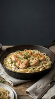 Pan-seared scallops with creamy pasta and fresh herbs in cast iron skillet on rustic wooden table for gourmet dining and culinary presentations.