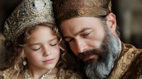 Tender moment between bearded king and young princess in medieval royal attire with ornate golden crowns and luxurious embroidered costumes. Fantasy fairy tale scene.