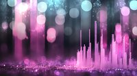 Glowing pink cityscape silhouette against dark sky with bokeh lights and sparkles creates dreamy urban nightscape atmosphere. Perfect for modern wall art and design projects.