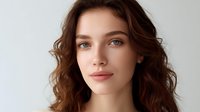 Young Caucasian woman with natural makeup, wavy brown hair and green eyes looking directly at camera against light background, beauty portrait in soft daylight.