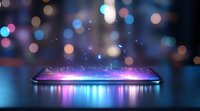 Modern smartphone with glowing holographic display and bokeh lights reflecting on glossy surface, creating magical atmosphere with purple and blue colors.