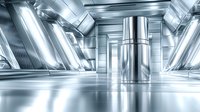 Modern futuristic subway station interior with metallic column and bright fluorescent lighting reflecting on glossy floor, creating dramatic architectural perspective.