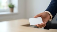 Businessman in dark suit holding blank white business card in office environment with window and plant in background.