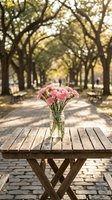 Pink carnations in glass vase on wooden table in tree-lined park alley with dappled sunlight, suitable for spring and nature themes.