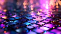 Futuristic keyboard with vibrant neon lighting and bokeh effects creating cyberpunk atmosphere for gaming and technology concepts.