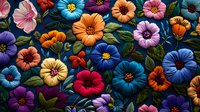 Vibrant multicolored flowers with green leaves on dark background, floral pattern with orange, blue, pink, purple and yellow blooms creates dramatic contrast.