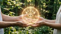 Two hands gently holding glowing golden peace symbol sphere in natural green forest setting representing harmony, unity and environmental consciousness.