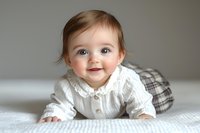 Smiling baby in white collared shirt lying on textured white blanket, with plaid fabric in background, capturing innocent joy of early childhood.