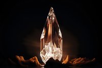 Glowing crystal formation with rough base emerging from dark background, illuminated by warm light creating mystical atmosphere and dramatic shadows.