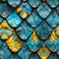 Turquoise and gold dragon scales pattern with weathered metallic texture creates mystical fantasy background. Abstract geometric design with overlapping curved shapes.