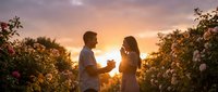 Young couple sharing romantic moment in blooming rose garden during golden hour sunset with warm lighting creating intimate atmosphere for love and relationship concepts.
