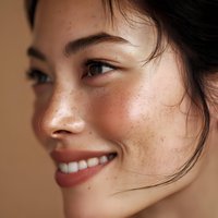 Young Asian woman with natural freckled skin and radiant smile showcasing authentic beauty and skincare confidence in close-up portrait for wellness campaigns.