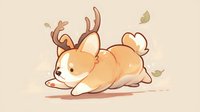 Cute corgi puppy with deer antlers stretching on beige background, playful autumn-themed cartoon illustration for greeting cards and children's designs.