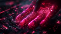 Glowing pink digital wave pattern with circuit board elements creates futuristic technology background with dynamic light effects and bokeh particles.