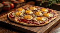 Homemade breakfast pizza topped with crispy bacon, sunny side up eggs, and melted cheese on wooden serving board, photographed in warm morning light.