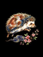 Adorable hedgehog with brown, cream, and blue quills beside decorative ornamental swirl and pink floral cluster. Isolated on transparent background, ready for t-shirts, stickers, clipart, and print-on-demand designs.