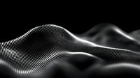 Abstract digital wave pattern with glowing white dots forming flowing curves and undulating surfaces against black background, creating dynamic technological visualization.
