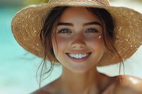 Young Caucasian woman with bright smile wearing straw sun hat at beach or pool. Natural summer beauty with blue eyes and glowing skin in outdoor lighting.