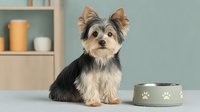 Adorable Yorkshire Terrier puppy sitting next to green pet bowl with paw prints against soft blue background in modern home setting.