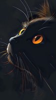 Close-up portrait of black cat with glowing amber eyes against dark background, featuring detailed whiskers and fur illuminated with warm highlights.