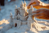 Detailed sand castle with multiple towers and turrets being sculpted on beach, hands carefully crafting intricate architectural details in warm sunlight.