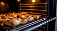 Juicy chicken kebabs grilling in modern electric oven with glowing heating elements. Close up view of meat skewers cooking on metal rack with golden light.