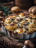 Homemade potato gratin with herbs baked in ceramic dish on rustic wooden table with fresh potatoes and rosemary sprigs for comfort food cooking recipes.