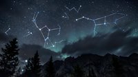 Night sky with constellation patterns over mountain landscape and forest silhouettes. Starry astronomy scene with connected star formations for educational content.