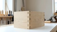 Handcrafted wooden box with dovetail joints on workbench in carpentry workshop. Traditional woodworking craftsmanship and joinery techniques for storage solutions.
