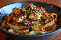 Grilled scallops with caramelized onions in ceramic bowl garnished with fresh herbs and spices, served on wooden table. Close up view of seafood dish.