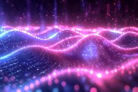 Abstract digital wave landscape with glowing pink and blue light particles flowing over grid surface, creating dynamic futuristic terrain with bokeh effect.