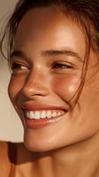 Young woman with freckles and radiant smile showing natural beauty and healthy glowing skin in warm golden sunlight for skincare and wellness concepts.