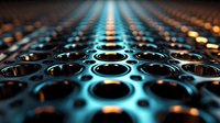 Metallic perforated surface with circular holes creating depth perspective, illuminated by blue and orange light effects. Modern industrial background pattern.
