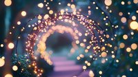 Magical fairy lights create spiral tunnel with dreamy bokeh effect in evening garden setting, glowing warm lights against dark blue background. Perfect for holiday designs.